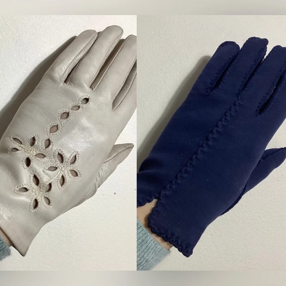 Womens Vtg Set Of Gloves Small Eyelet Cutout Leather & French Knot Fabric